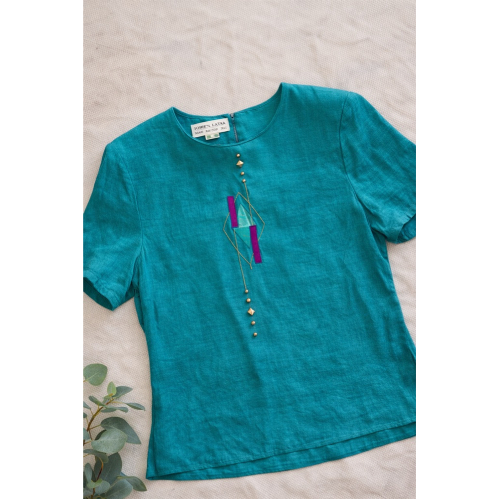Women's Pierre Lamonte Teal Short Sleeve Tee with Pink Accents, Size 6